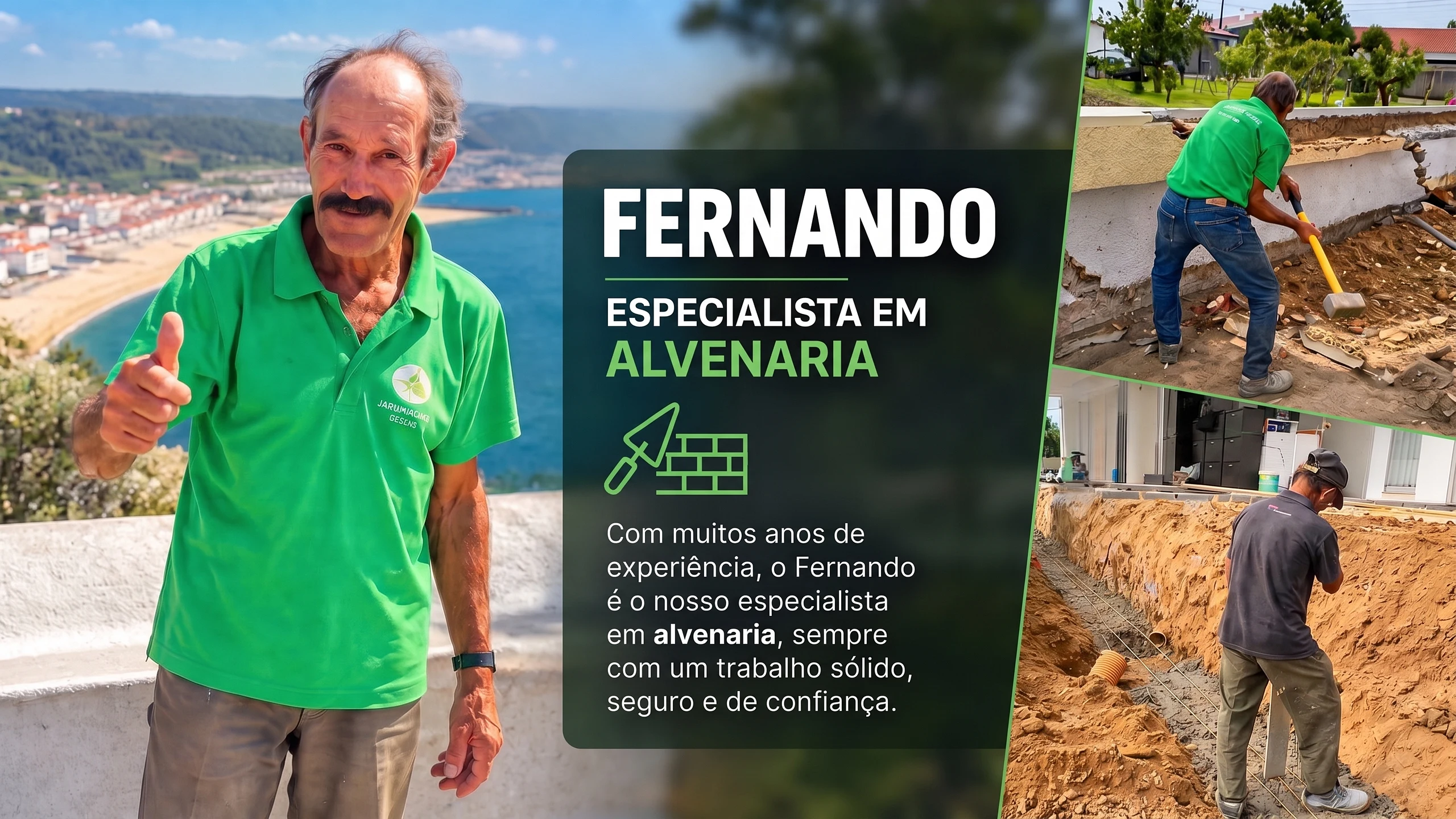Fernando, especialista em alvenaria da Jardinagem Coelho, de polo verde, com o mar da Nazaré ao fundo e duas fotografias dele em obra