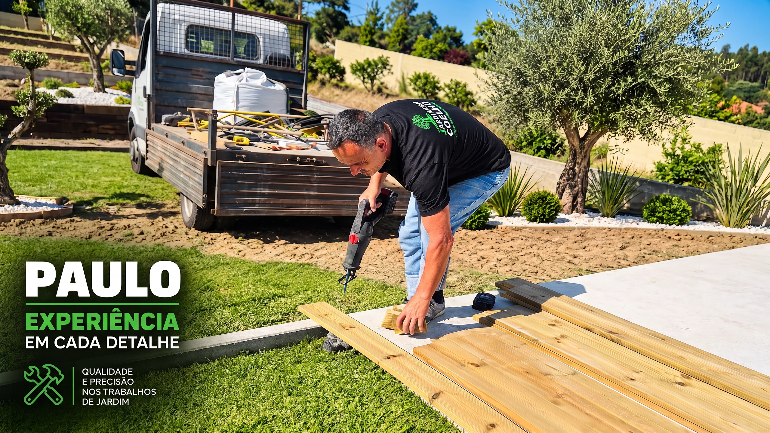 Paulo, da Jardinagem Coelho, a cortar tábuas de madeira para um deck junto a um relvado com oliveira