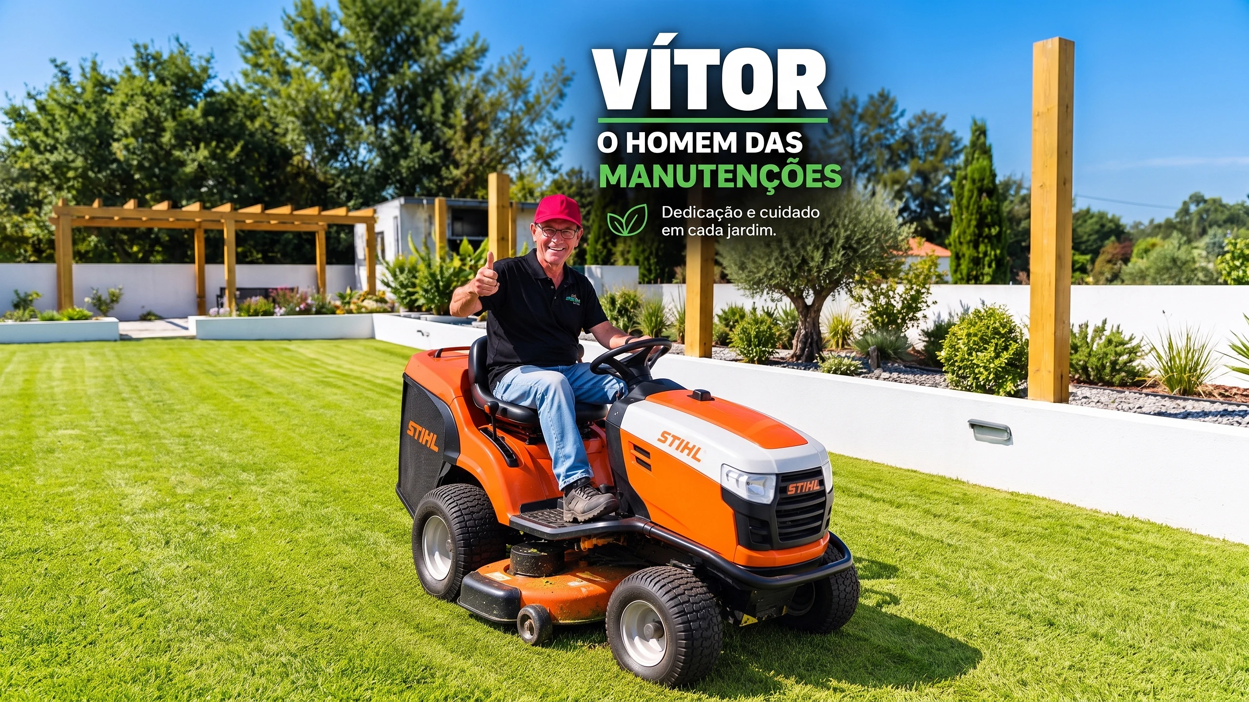 Vítor, responsável pelas manutenções da Jardinagem Coelho, sentado no trator corta-relva Stihl num relvado