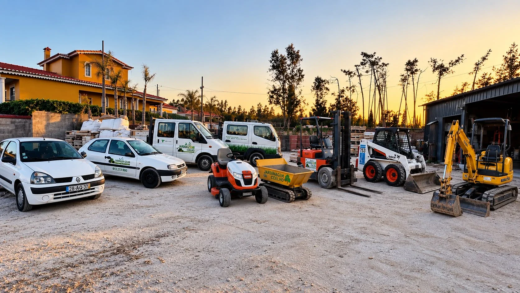Vista geral do parque da Jardinagem Coelho com as máquinas da empresa: trator corta-relva, dumper, empilhador, Bobcat e mini-giratória