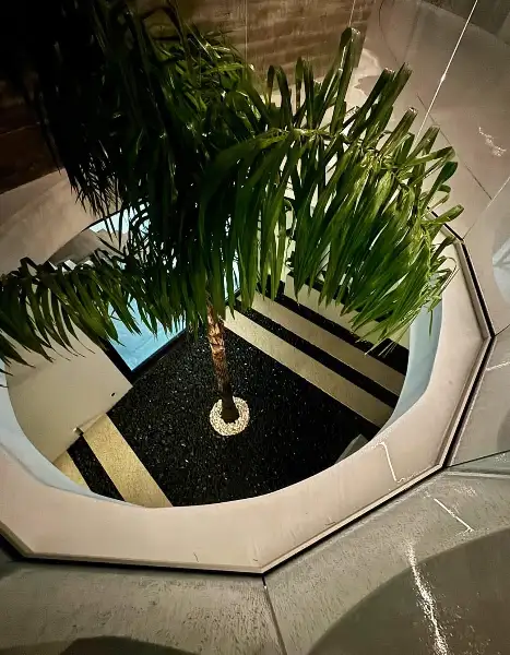Jardim de moradia contemporânea com relva sintética e pátio interior — resultado final