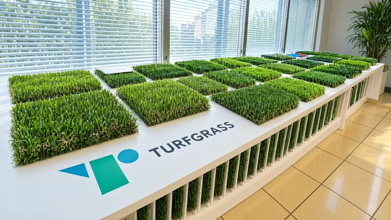 Seis amostras de relva sintética Turfgrass com tons e alturas de fibra diferentes