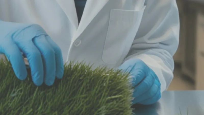 Técnico de bata branca e luvas a examinar uma amostra de relva sintética no laboratório da Turfgrass